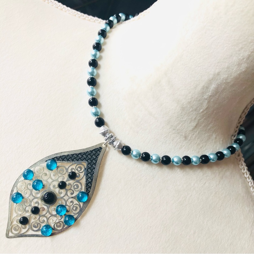 Handcrafted repurpose large filigree stone pendant Czech glass Pearl necklace
